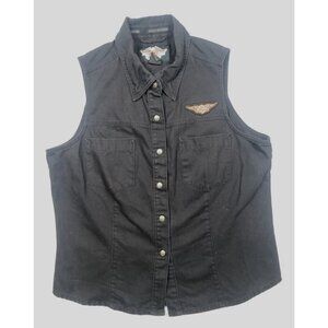 Harley-Davidson Vest Button Front Sleeveless Black Denim Embroidered Women's L